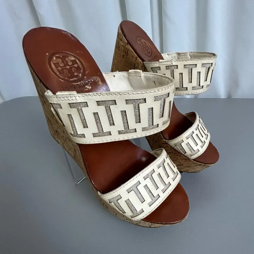Tory Burch Tan and Cream Wedge Sandals size 8M - Picture 2 of 11
